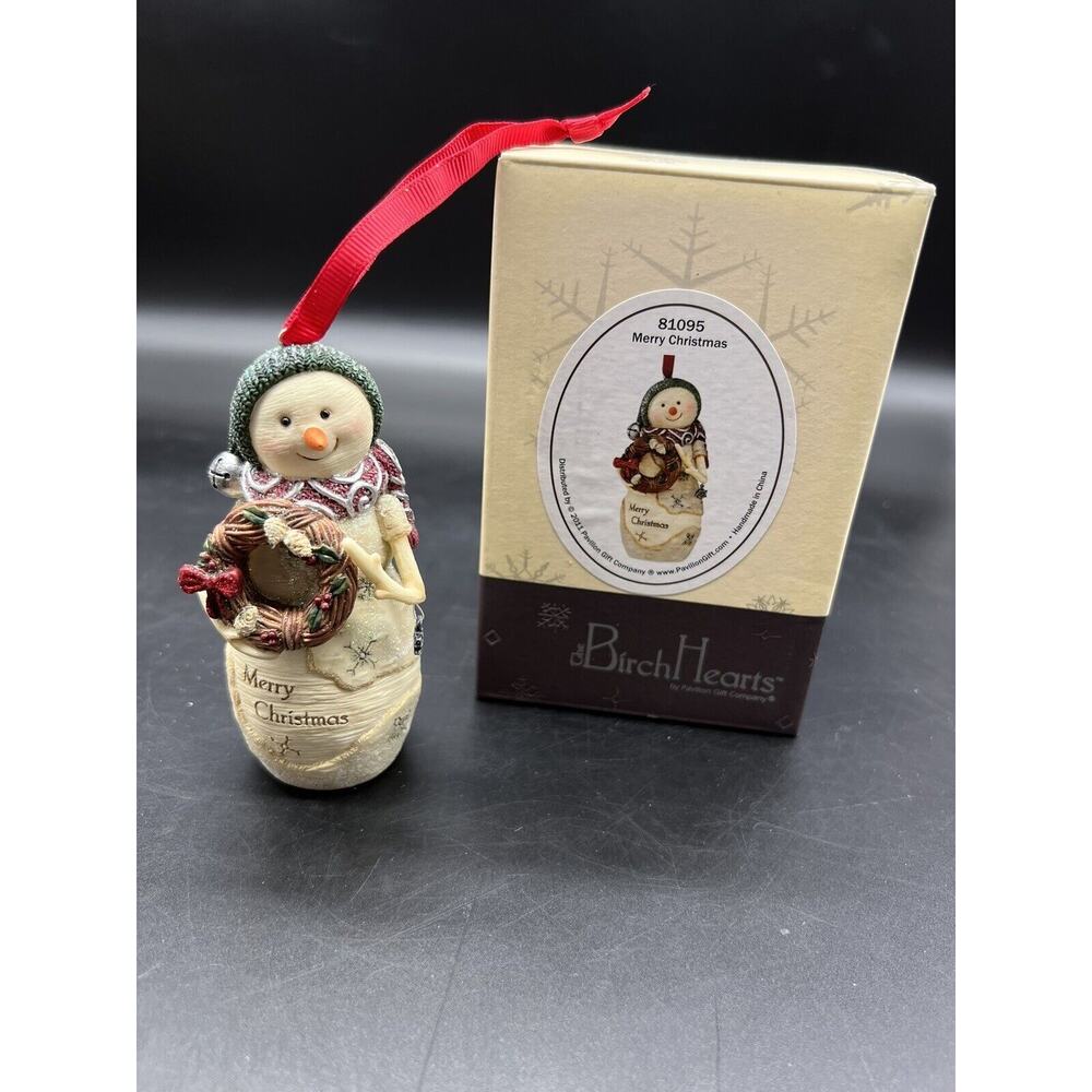 Birch Hearts Snowman Merry Christmas Figurine Ornament 81095 Holding Wreath 4"